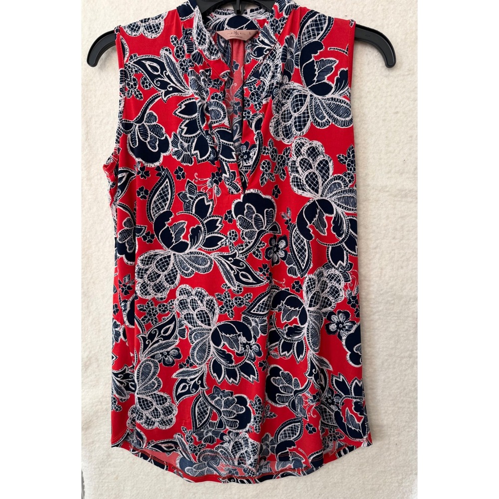 SJS Red Navy Blue Floral Paisley Sleeveless Blouse Top Large EUC